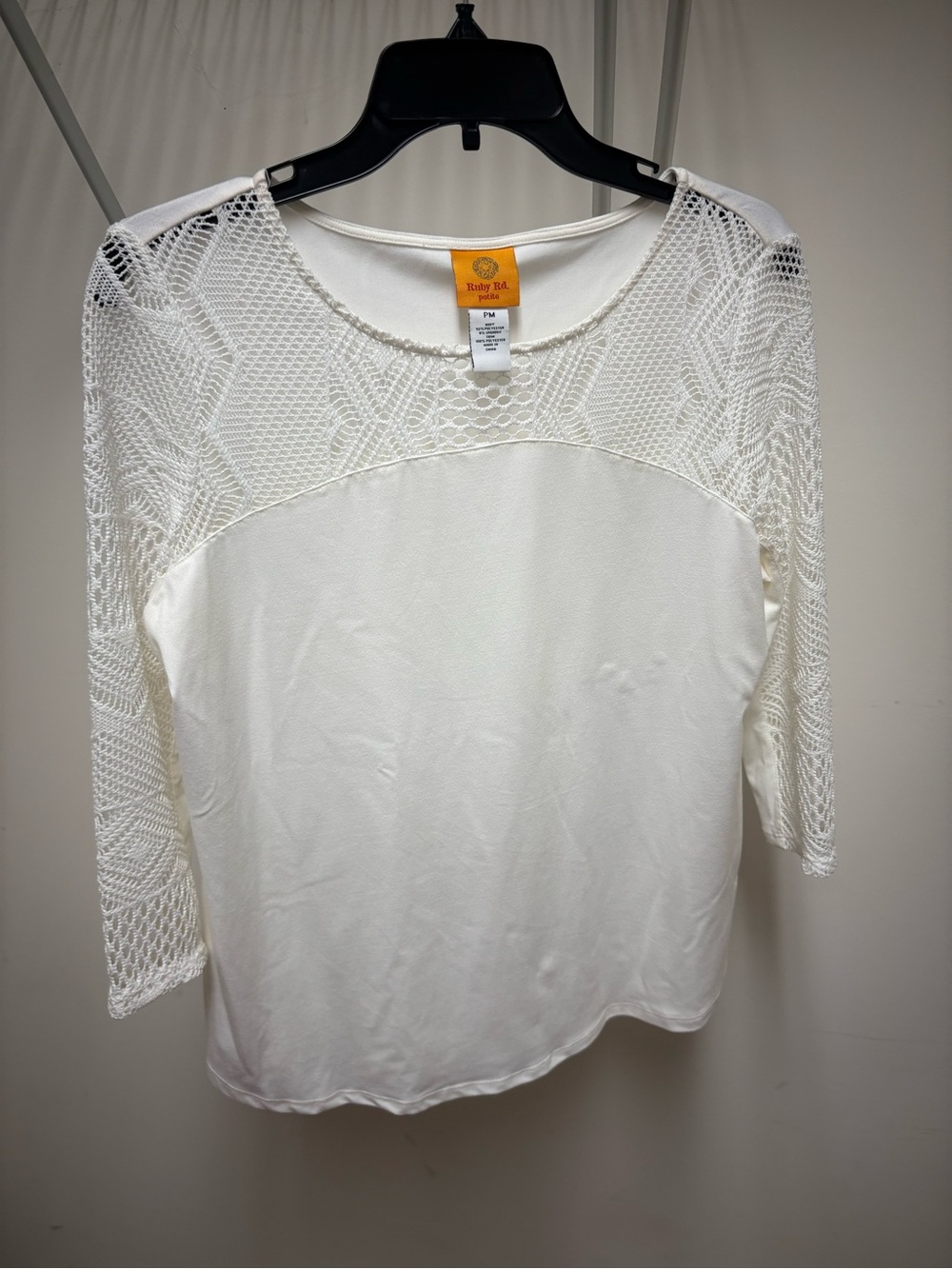 Ruby Rd. Cream Crochet Yoke Long Sleeve Knit Top